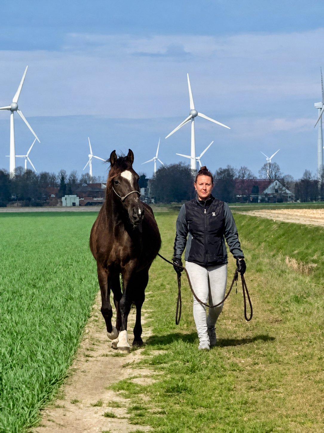 Anoeska wandelt met Lio door het polderlandschap bij Dronten