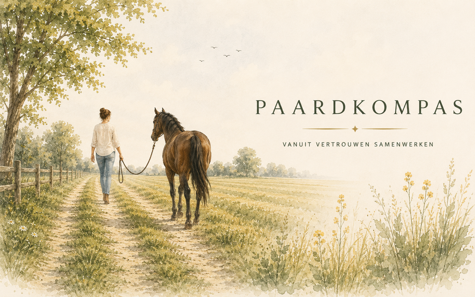Illustratie van Anoeska die samen met een paard door een landelijk landschap wandelt