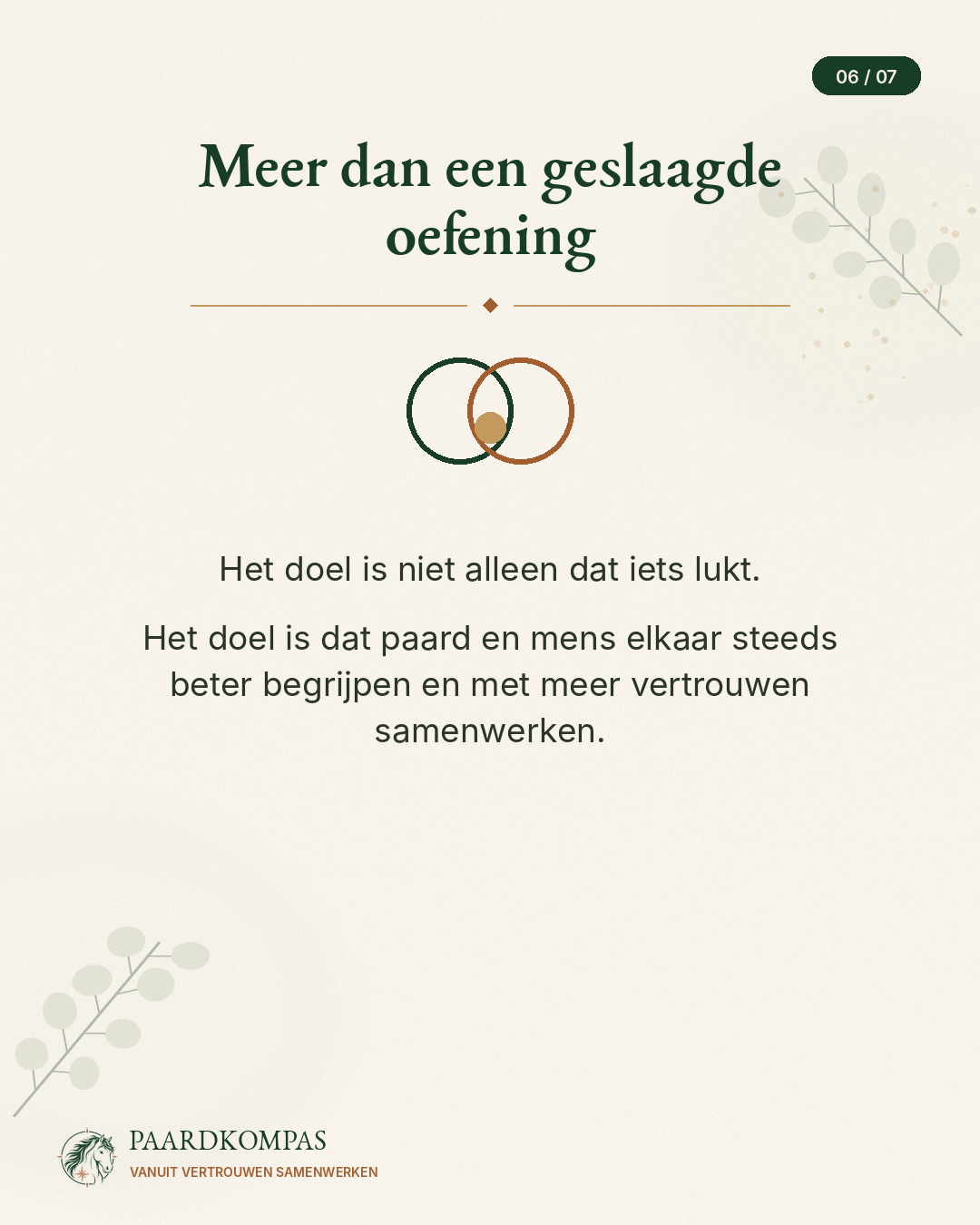 Meer dan een geslaagde oefening. Paard en mens leren elkaar beter begrijpen en samenwerken.